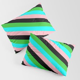 [ Thumbnail: Lime Green, Cyan, Light Pink & Black Colored Striped Pattern Pillow Sham ]