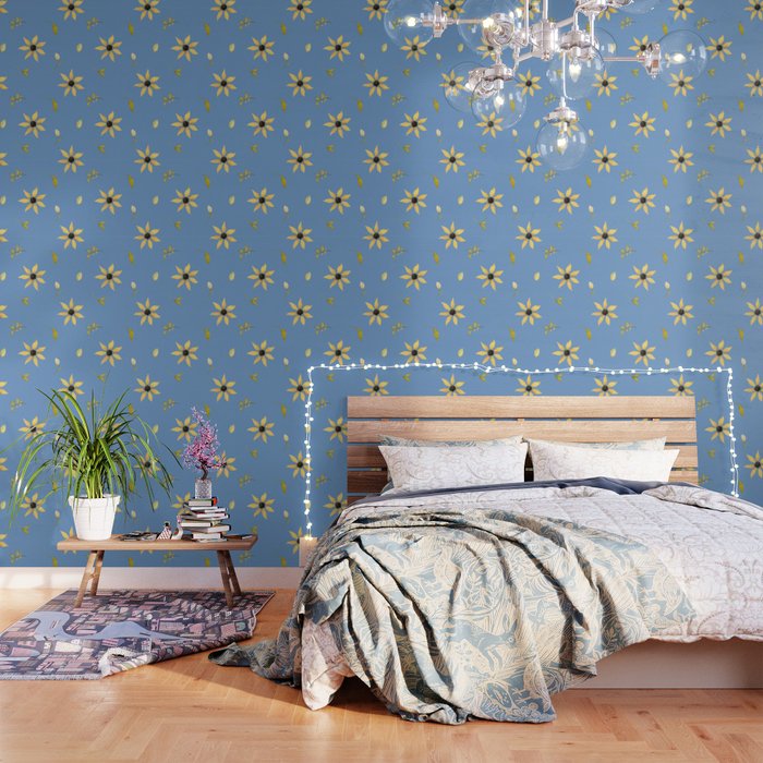 Cute botanical yellow meadow blue pattern Wallpaper