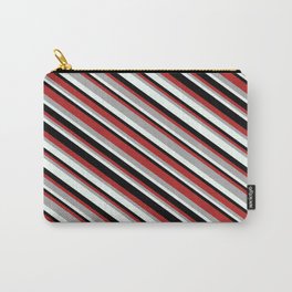 [ Thumbnail: Red, Dark Grey, Mint Cream, and Black Colored Pattern of Stripes Carry-All Pouch ]
