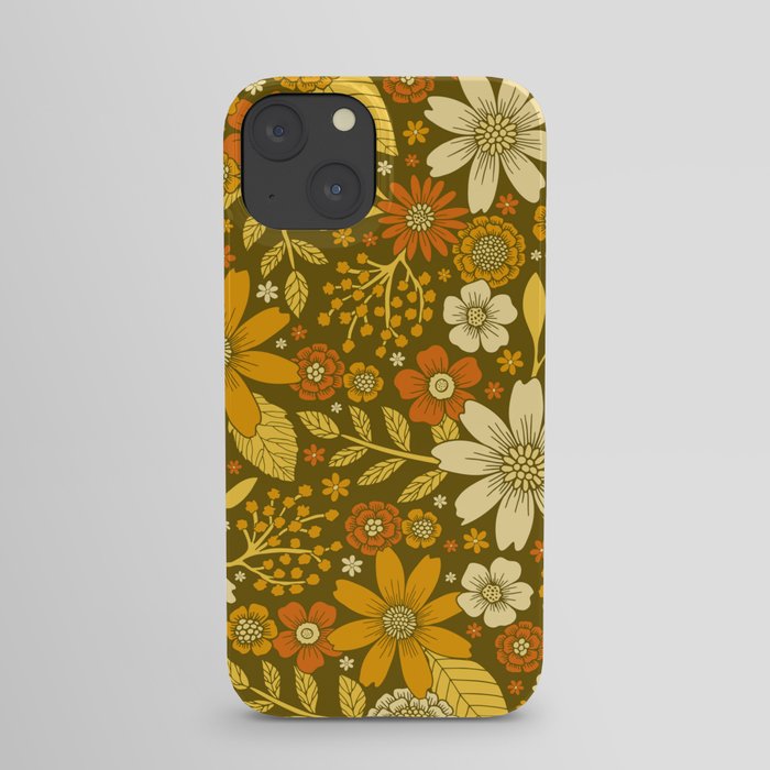 1970s Retro Flowers Pattern in Yellow, Orange & Olive Green iPhone Case