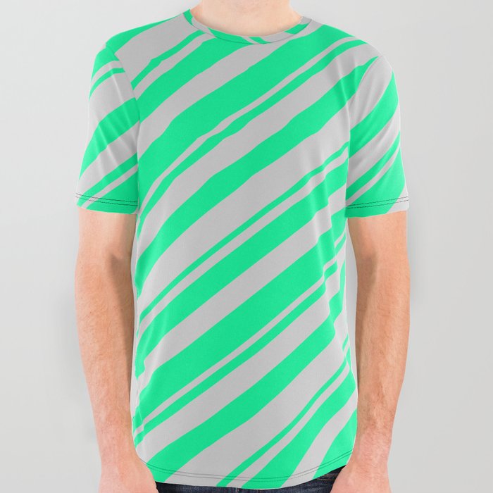 Green and Light Gray Colored Lines/Stripes Pattern All Over Graphic Tee