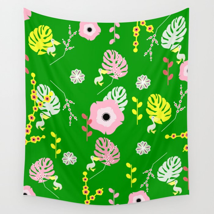 Flowers, leaves and ... pelicans Wall Tapestry