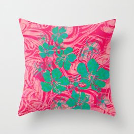 Vintage Hawaiian Pink And Teal Jungle Print Throw Pillow