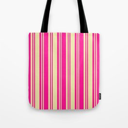 [ Thumbnail: Deep Pink and Pale Goldenrod Colored Lines/Stripes Pattern Tote Bag ]