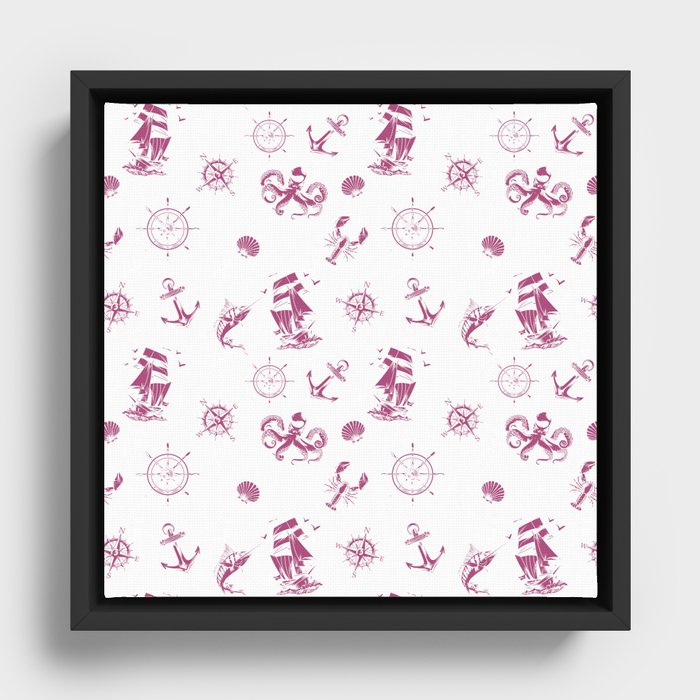 Magenta Silhouettes Of Vintage Nautical Pattern Framed Canvas