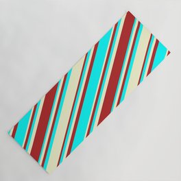 [ Thumbnail: Red, Cyan, and Light Yellow Colored Stripes Pattern Yoga Mat ]