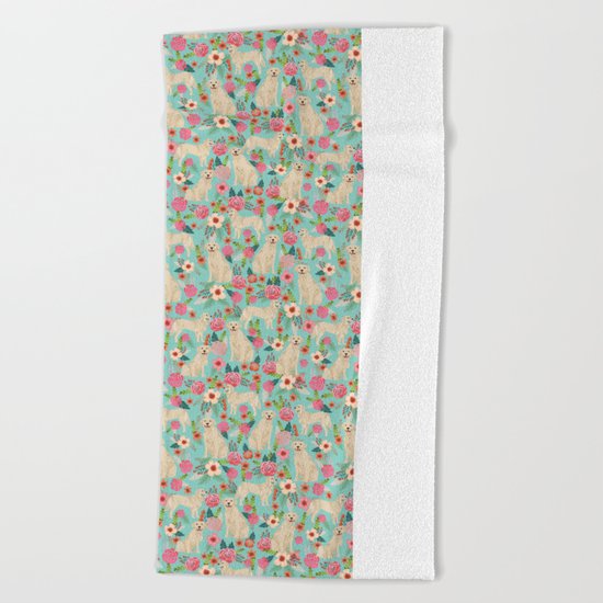 Golden retrievers must have florals mint pastel gender neutral dog art cute pet portraits labrador Beach Towel