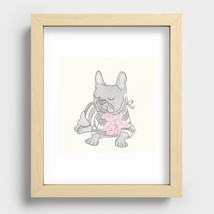 French Bulldog French Chic with Pink Flower Collar Recessed Framed Print