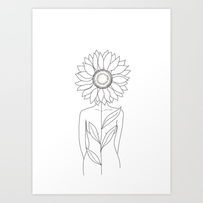 Minimalistic Line Art of Woman with Sunflower Art Print