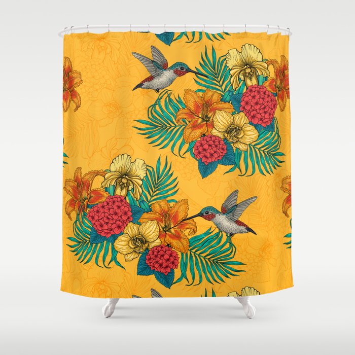 Hummingbirds and tropical bouquet in yellow Shower Curtain