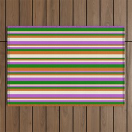[ Thumbnail: Chocolate, Beige, Orchid & Green Colored Striped/Lined Pattern Outdoor Rug ]