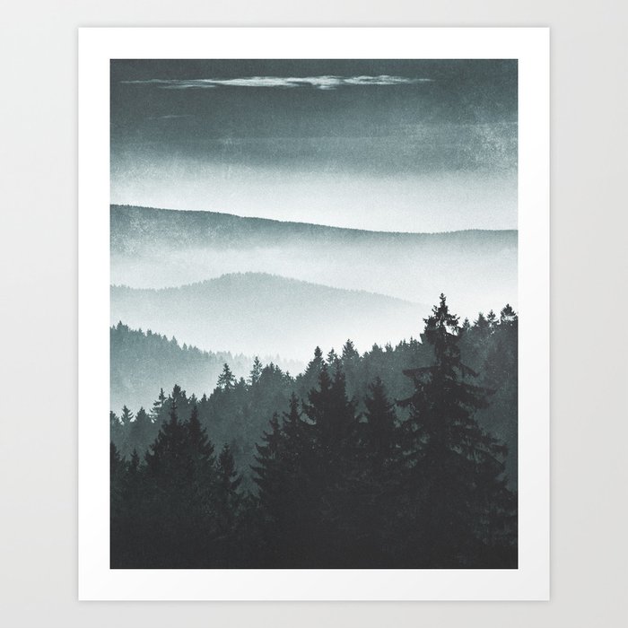 Mountain Light // My Cosmos Is Fine In A Wild Forest With Cascadia Trees Covered In Magic Blue Fog Art Print