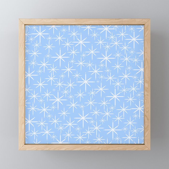 Light Blue Mid Century Modern Twinkling Stars Retro Atomic Pastel Pattern Framed Mini Art Print