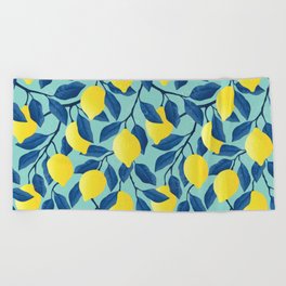 Vintage yellow lemon on the branches with leaves and blue sky hand drawn illustration pattern Beach Towel