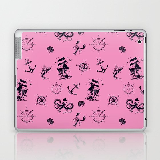 Pink And Blue Silhouettes Of Vintage Nautical Pattern Laptop & iPad Skin