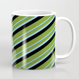 [ Thumbnail: Green, Light Sky Blue, and Black Colored Lined/Striped Pattern Coffee Mug ]