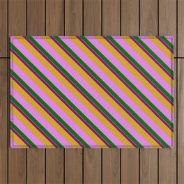 [ Thumbnail: Vibrant Purple, Goldenrod, Violet, Dark Green & White Colored Lined Pattern Outdoor Rug ]