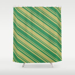[ Thumbnail: Dark Khaki & Sea Green Colored Striped Pattern Shower Curtain ]
