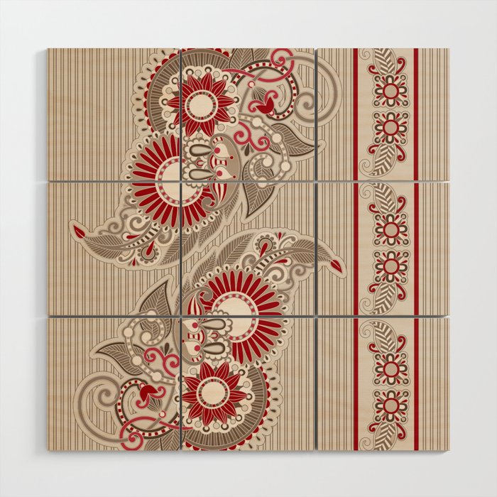 Paisley Ornament Beige and Red Wood Wall Art