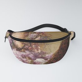 Peacock, White Doves, Yellow Iris & Purple Flowering Wisteria in a Garden landscape floral painting Fanny Pack