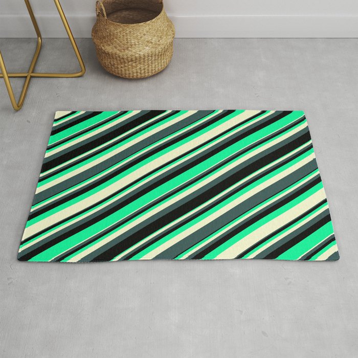 Green, Light Yellow, Dark Slate Gray & Black Colored Lined/Striped Pattern Rug