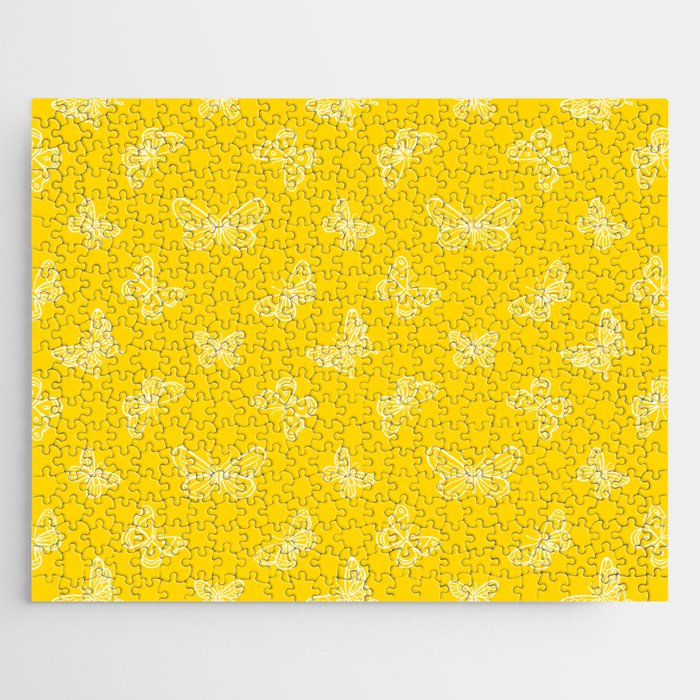 White Butterflies Stencil Seamless Pattern on Yellow Background Jigsaw Puzzle