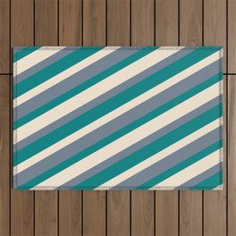 [ Thumbnail: Beige, Slate Gray, and Teal Colored Lined/Striped Pattern Outdoor Rug ]
