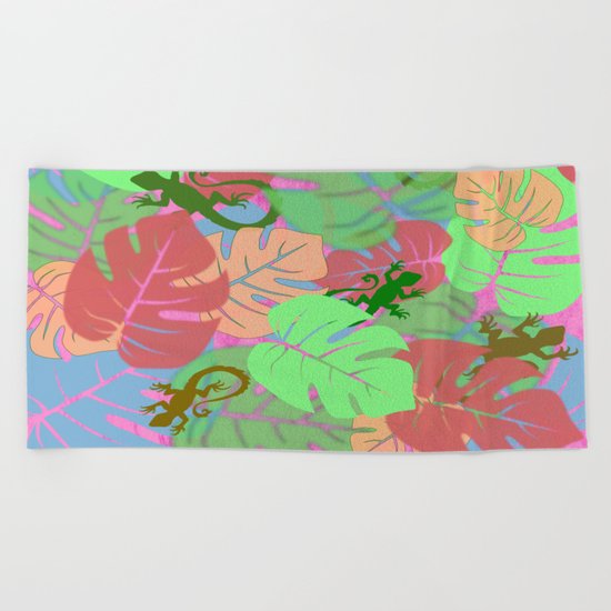 Monstera and Lizards (Retro Pink) Beach Towel