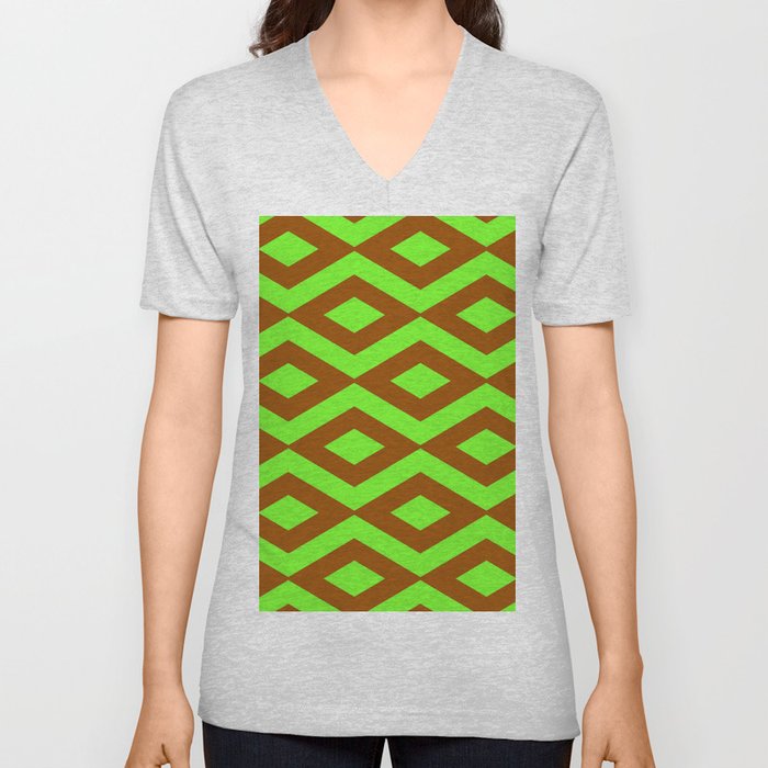 Interlock Seamless Diamond Pattern Bright Green Brown V Neck T Shirt