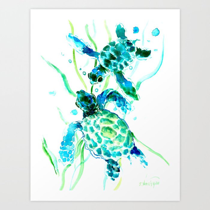 Sea Turtles, Turquoise blue Design Kunstdrucke | Gemälde, Aquarell, Other, Ink, Illustration, Comic, Vintage, Beach-house, Beach-art, Schildkröte