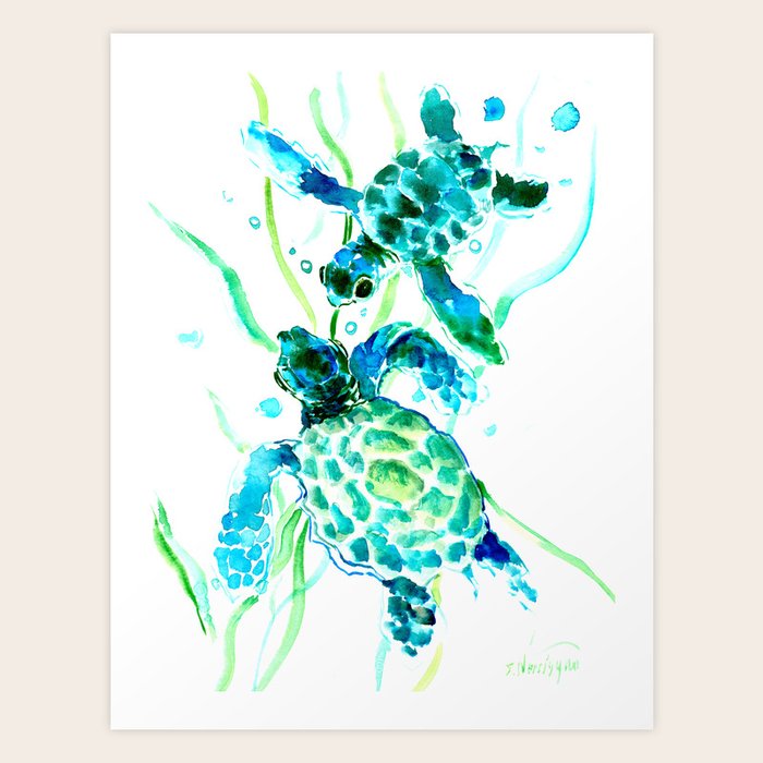 Sea Turtles, Turquoise blue Design Art Print by sureart ...