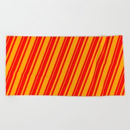 [ Thumbnail: Red & Orange Colored Pattern of Stripes Beach Towel ]