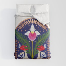 Showy Lady Slipper with ferns and mushrooms Comforter
