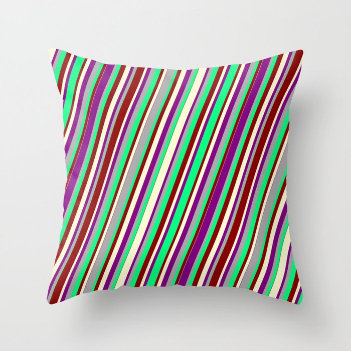 Colorful Dark Gray, Green, Dark Red, Light Yellow, and Purple Colored Lined/Striped Pattern Throw Pillow