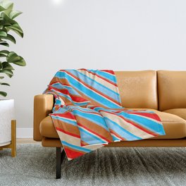 [ Thumbnail: Vibrant Deep Sky Blue, Light Sky Blue, Chocolate, Red & Bisque Colored Striped/Lined Pattern Throw Blanket ]