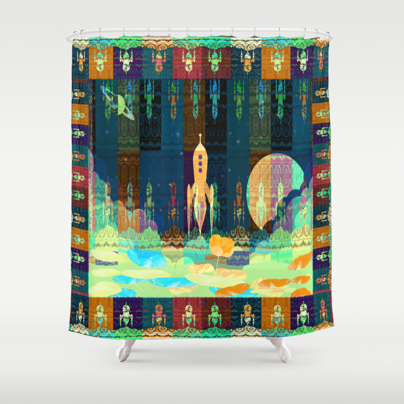 Space Rocket Frame Retro Rocket Collage Shower Curtain By