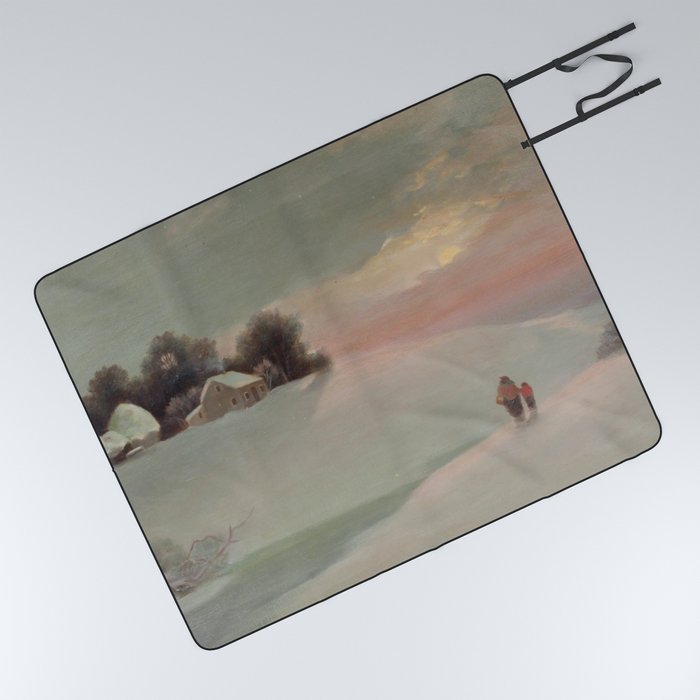American Winter Snowscape Sunset with Mother and Child oil landscape painting  Picnic Blanket
