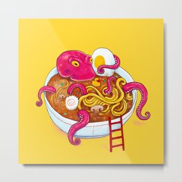 Bowl of ramen with octopus taking a bath Metal Print