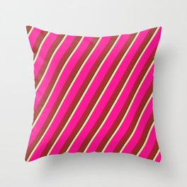 [ Thumbnail: Tan, Deep Pink, Brown & Dark Green Colored Stripes/Lines Pattern Throw Pillow ]