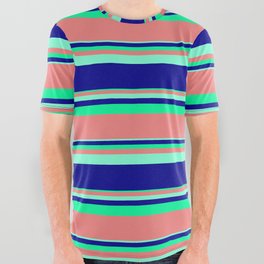 [ Thumbnail: Aquamarine, Dark Blue, Green & Light Coral Colored Stripes Pattern All Over Graphic Tee ]
