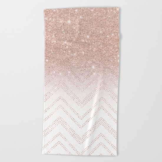 Modern faux rose gold glitter ombre modern chevron stitches pattern Beach Towel