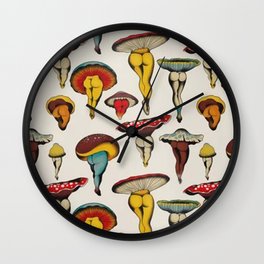 Mushrooms pattern Wall Clock | Graphicdesign, Funny, Vegan, Pattern, Botanical, Leg, Vegetarian, Mushroompattern, Mushrooms, Sexypattern 