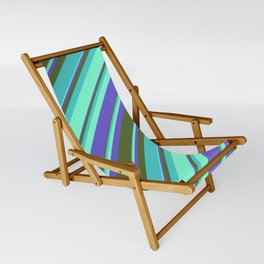 [ Thumbnail: Aquamarine, Slate Blue, Dark Olive Green, and Turquoise Colored Lines Pattern Sling Chair ]