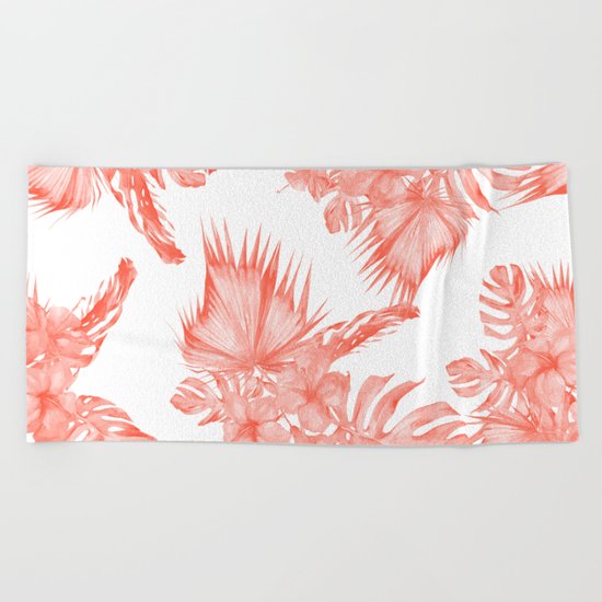 Tropical Palm Leaves Hibiscus Flowers Deep Coral Beach Towel