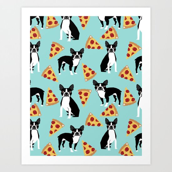 Boston Terrier pizza party cute pet portraits junk food pizza slices with boston terrier pattern Art Print