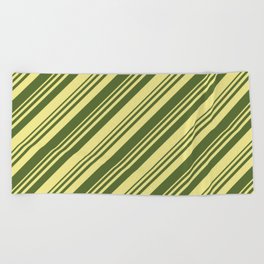 [ Thumbnail: Dark Olive Green & Tan Colored Lined/Striped Pattern Beach Towel ]