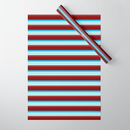 [ Thumbnail: Deep Sky Blue, Turquoise, Red, and Maroon Colored Lined/Striped Pattern Wrapping Paper ]
