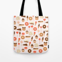Cute Sweets, Pies, Cakes, Donuts, Eclairs and Pancakes in red and brown Tote Bag