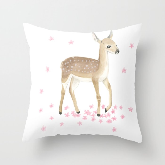 Fawn With Cherry Blossoms Throw Pillow