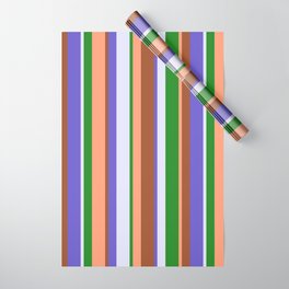 [ Thumbnail: Vibrant Light Salmon, Sienna, Slate Blue, Lavender, and Forest Green Colored Stripes/Lines Pattern Wrapping Paper ]